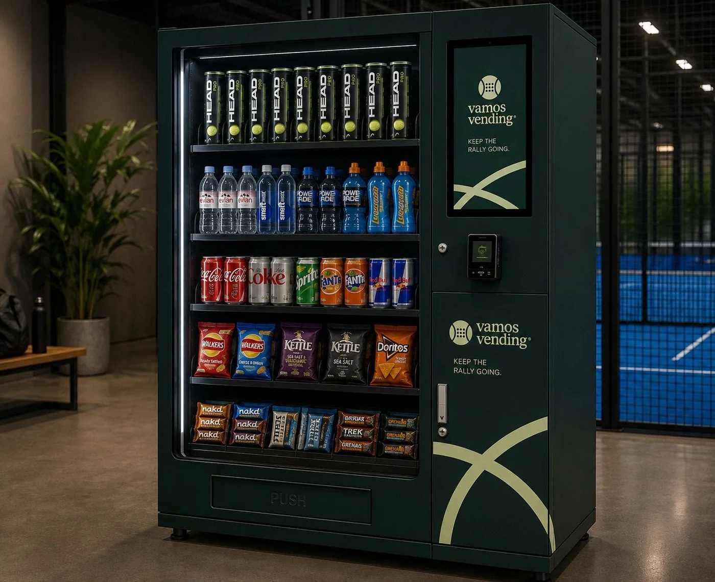 The Vamos ball and accessory machine in deep green, stocked with padel ball tubes, drinks and snacks