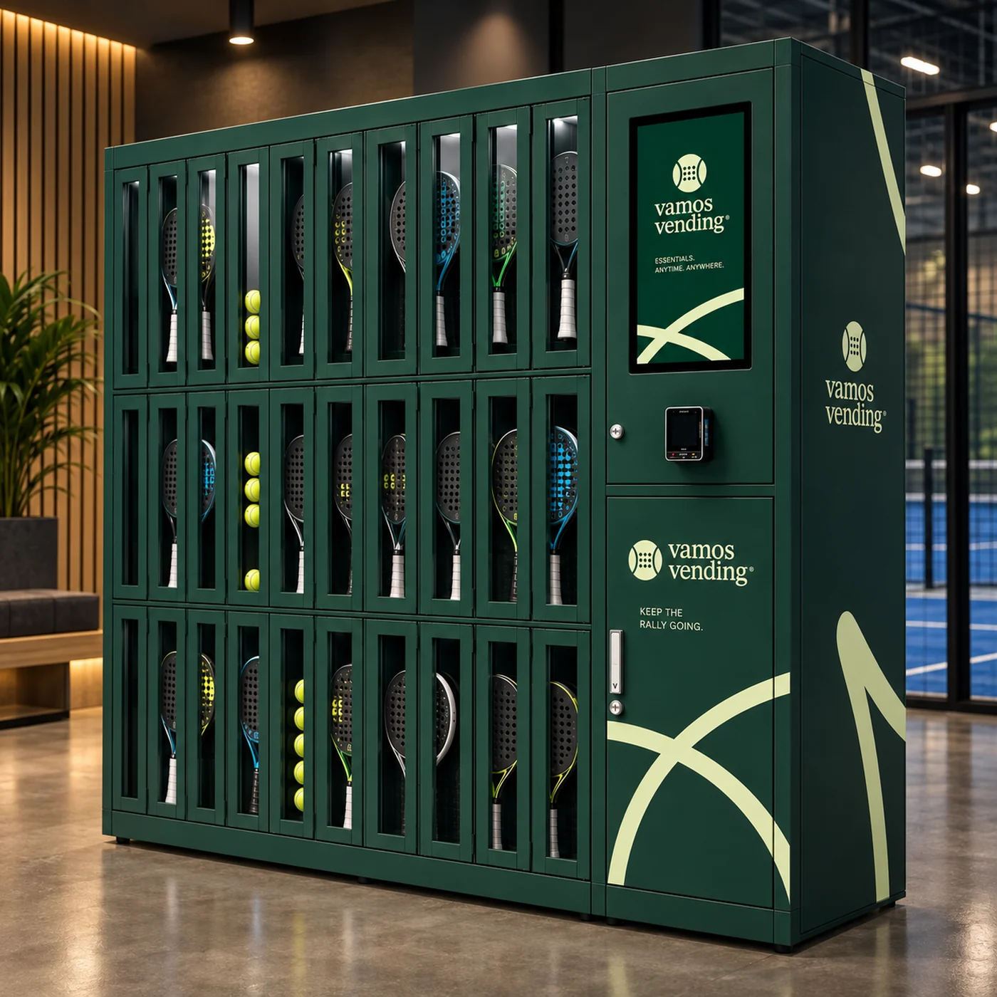 The Vamos racket hire locker in deep green, lit bays holding padel rackets, with a touchscreen and card reader