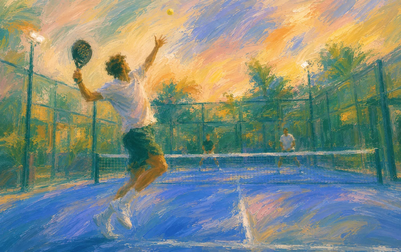 A padel player reaching for an overhead on a floodlit court